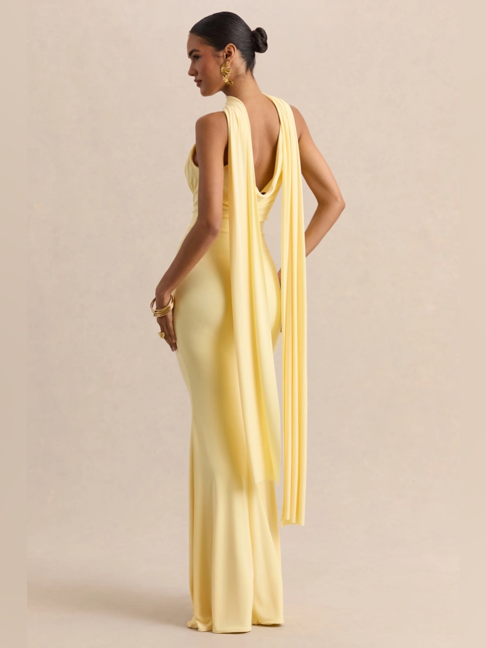 CLUBLLondon Armelia Lemon Cowl Neck Maxi Dress with Scarf Detail - Picture 2 of 4